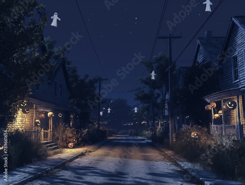 A street with houses and a few pumpkins on the porch. The street is dark and eerie, with a few ghosts flying in the sky