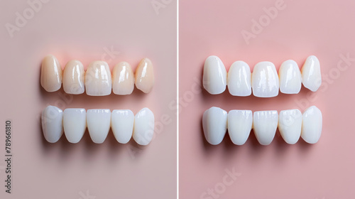 Compare  teeth whitening and colouring with oral health and dental hygiene on pink studio background. Calcium  results and healthy with veneers  change and care with checkup  treatment and plaque