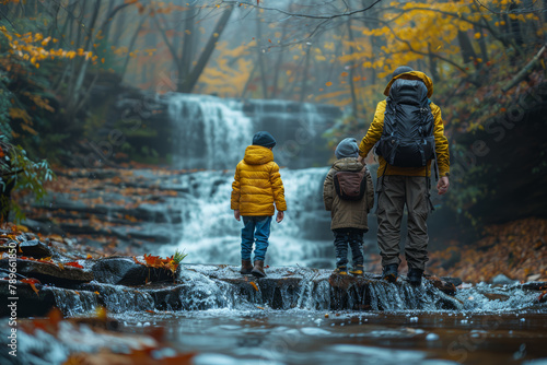 Parents and children venturing on a scenic nature hike together, marveling at towering trees and cascading waterfalls along the trail.  Generative Ai.
