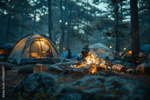 A family embarking on a weekend camping trip, pitching tents and roasting marshmallows around a crackling campfire. Concept of outdoor adventure and family bonding. Generative Ai.