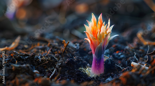A seed sprouting with a burst of lively colors. symbolizing growth and potential. The earthy background enhances the vibrant colors of its sprout. Contrast is formed by the ground around it. 
