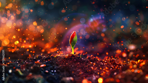 A seed sprouting with a burst of lively colors. symbolizing growth and potential. The earthy background enhances the vibrant colors of its sprout. Contrast is formed by the ground around it.  photo