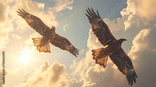 A stunning view of a pair of golden eagles soaring side by side, their majestic wingspan casting shadows over the rugged mountain terrain below photo