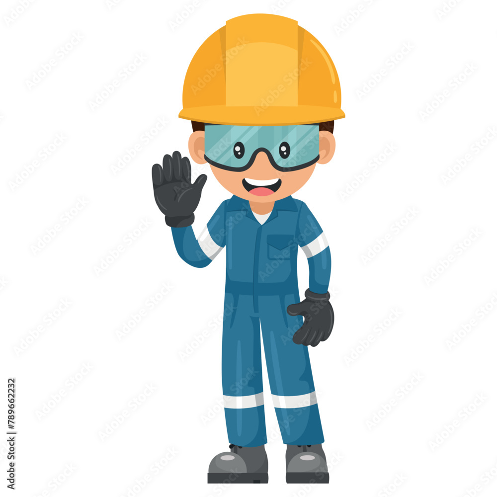 Industrial mechanical worker with his personal protective equipment saluting. Express an idea in a presentation. Safety first. Industrial safety and occupational health at work