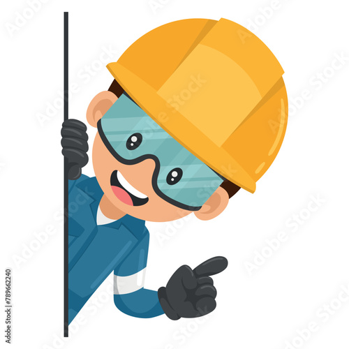 Industrial mechanical worker peeking out from behind a wall pointing finger. Express an idea and indicate it with the index finger. Industrial safety and occupational health at work