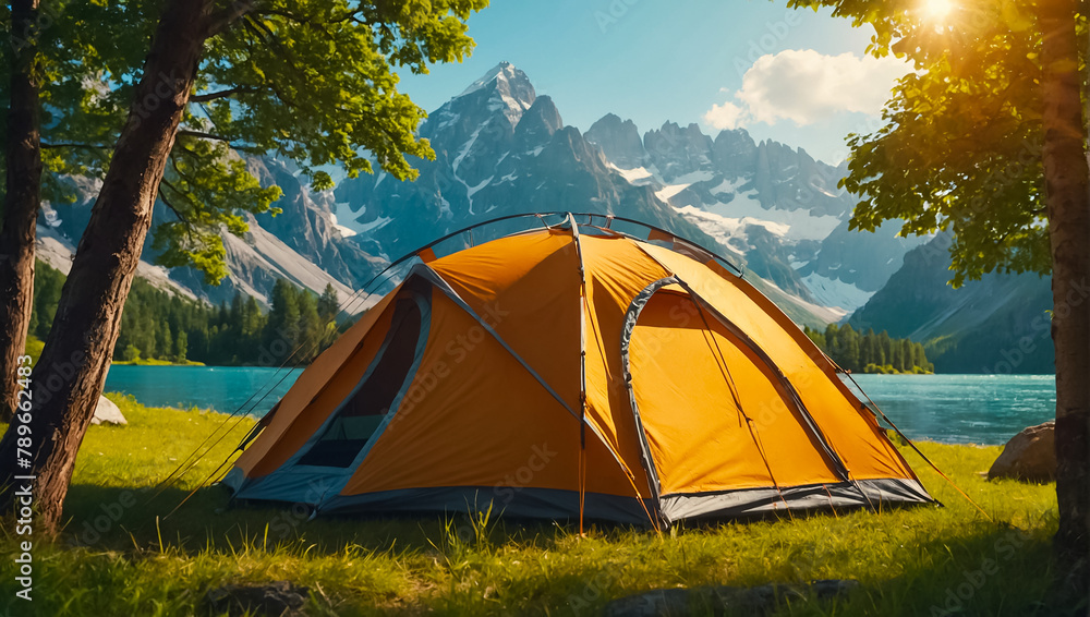 Tourist tent, beautiful nature, sunny day travel