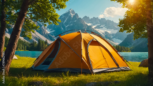 Tourist tent, beautiful nature, sunny day travel