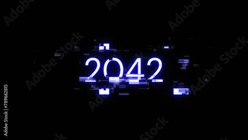 3D rendering 2042 text with screen effects of technological glitches