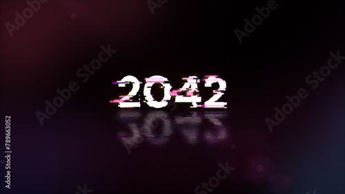 3D rendering 2042 text with screen effects of technological glitches