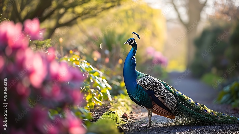 Obraz premium A striking peacock displaying its magnificent tail, the vibrant colors and intricate patterns fanning out to create a breathtaking spectacle of natural beauty.