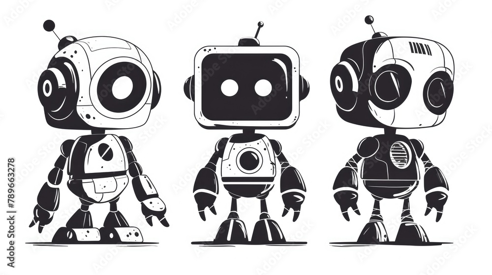 Illustration of a cartoon robot icon in a black and white design set against a white background in 2d format Illustration of a cartoon robot icon in a black and white design set against a white background in 2d format