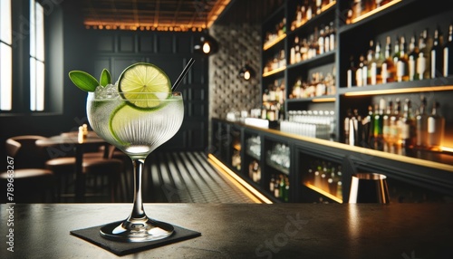 Gimlet with a twist of lime, served on a modern bar counter, focus on the citrus garnish, sleek bar background.. AI generated.