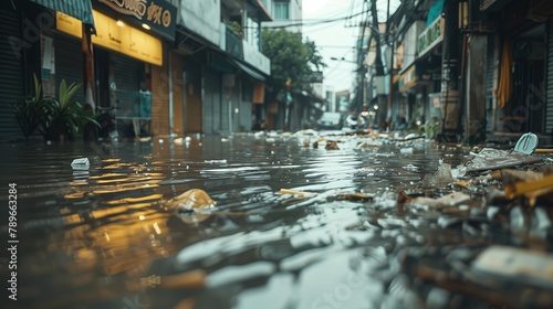 A flooded city street with water gushing out, creating an urban water event photo