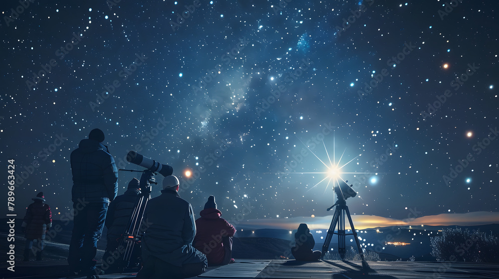 A star shining powerfully in the focus. surrounded by astronomers sitting around an observatory table with telescopes and star charts on it A star shining powerfully in the focus. surrounded by astronomers sitting around an observatory table with telescopes and star charts on it
