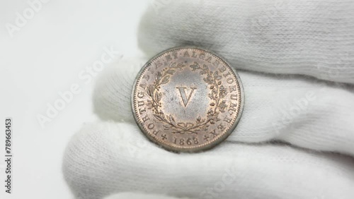 obverse and reverse of a Portuguese v reis coin in copper from the reign of Luiz I dated 1868. numismatic collection photo
