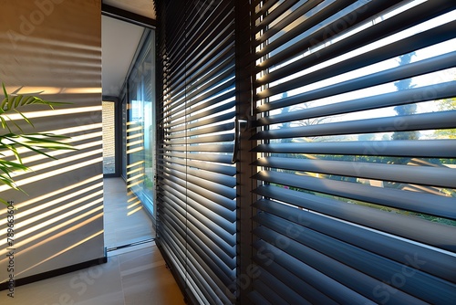 Venetian blinds for shade at the window. To protect against heat and sun blinds are attached to a window. . © crescent