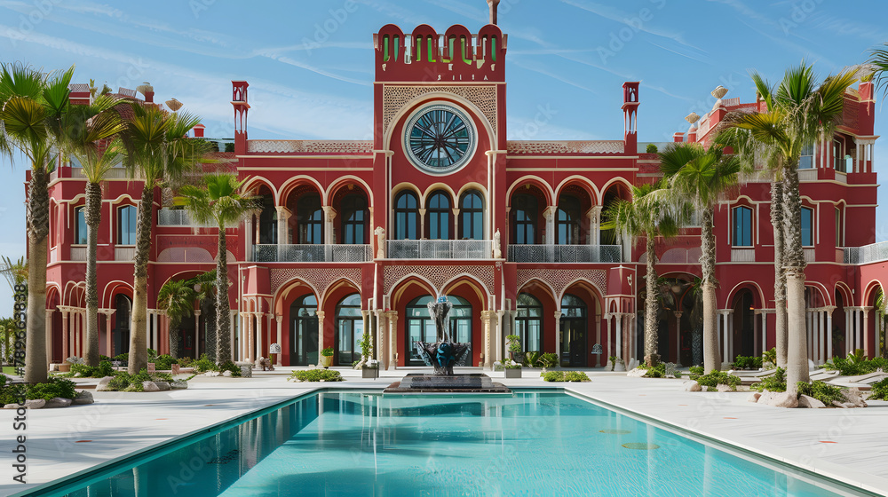 A stunning red palace with large windows and arches. on the front of it is an impressive crystal clock face. The building has palm trees around its edges and there is a pool in front.