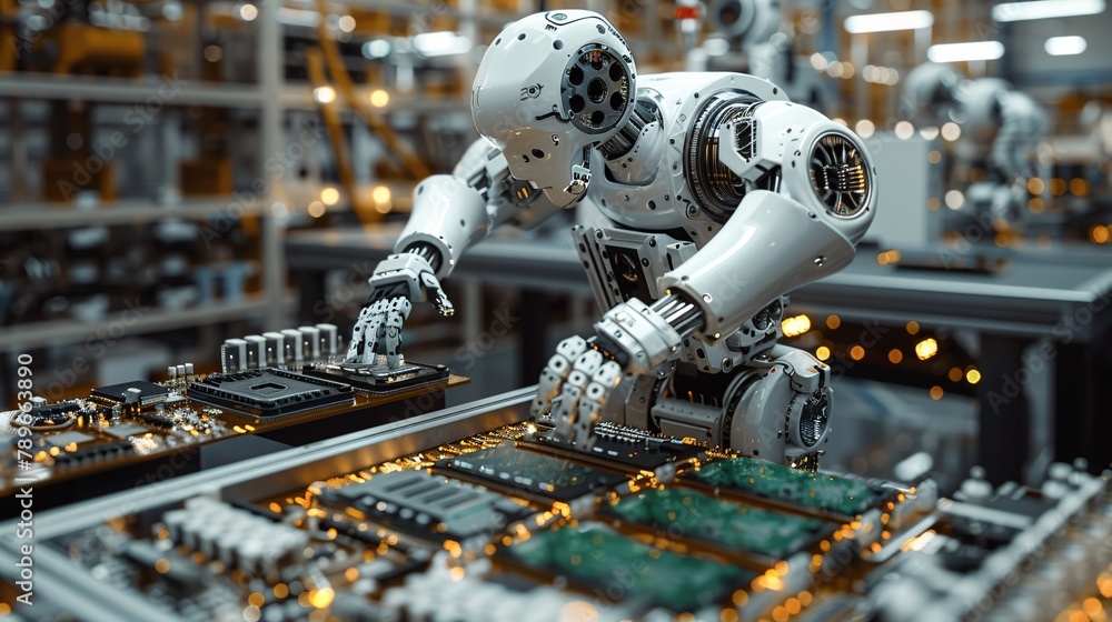 Industrial robots working on an assembly line in a factory