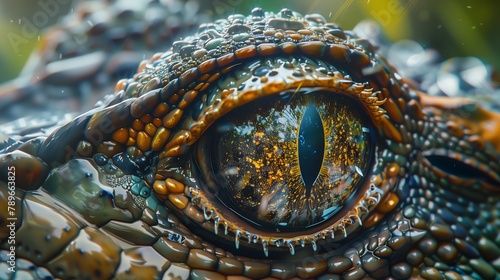 Closeup of a crocodiles eye on a green background photo