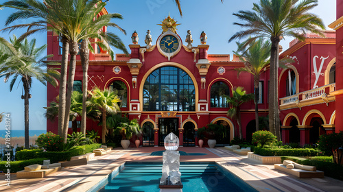 A stunning red palace with large windows and arches. on the front of it is an impressive crystal clock face. The building has palm trees around its edges and there is a pool in front. © Oleksandr