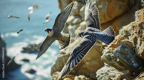 A striking image of a peregrine falcon in mid-dive, its powerful wings tucked as it speeds towards its prey with unmatched precision. photo