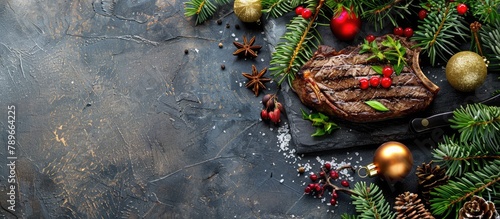 Christmas dinner for two, featuring grilled ribeye beef steak, accompanied by a selection of greens and spices, set on a stone table alongside a Christmas tree and New Year decorations, photo