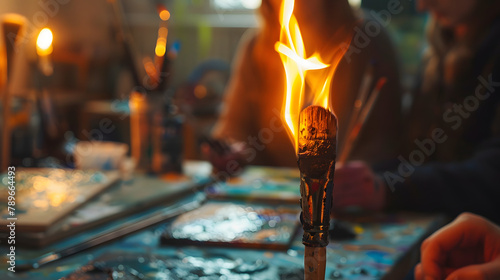 A torch burning brightly up close. encased by artists sitting around a studio table with canvases and paintbrushes on it photo