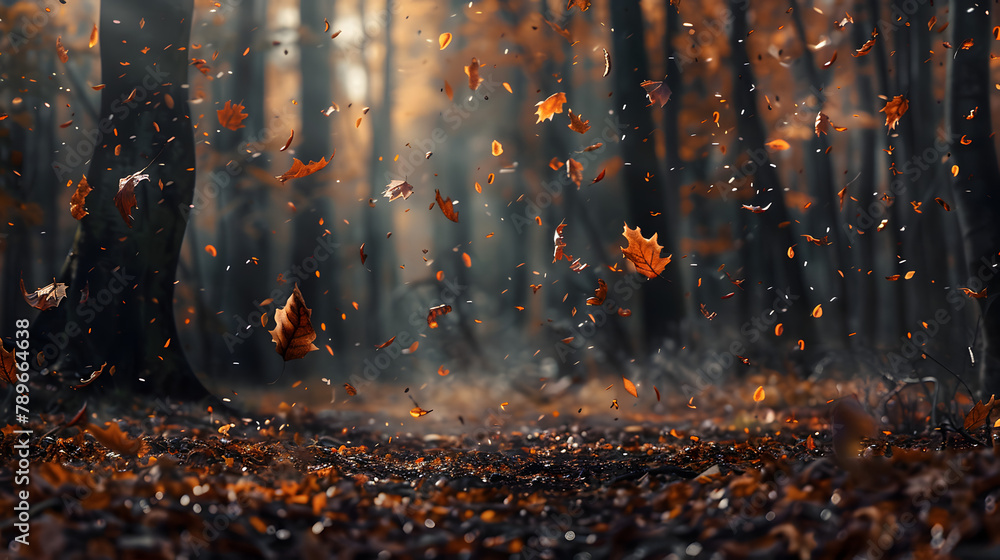 A tranquil forest in autumn with leaves falling. minimalistic A tranquil forest in autumn with leaves falling. minimalistic