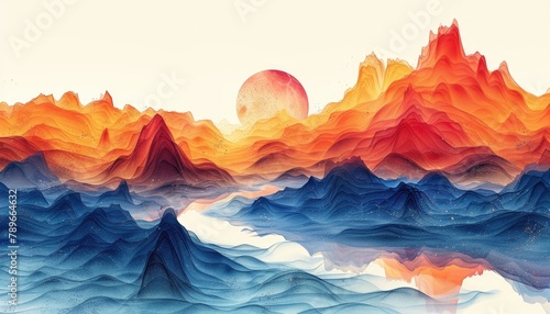Colorful panorama of mountains landscape painting  print  hills art colored paints. Beautiful mountains and sunrise or sunset in the desert  sea  waves illustration. Stylized art mountains abstraction
