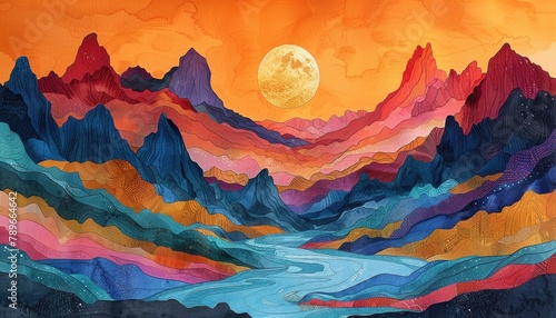 Colorful panorama of mountains landscape painting, print, hills art colored paints. Beautiful mountains and sunrise or sunset in the desert, sea, waves illustration. Stylized art mountains abstraction © Nataly G
