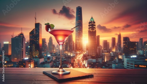 Cosmopolitan on a rooftop bar at sunset, focus on the drink with city skyline in the background, evening light.. AI generated.