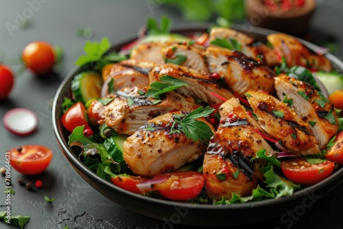 Grilled chicken breast, fillet, steak and fresh vegetable salad, top view, copy space. Healthy keto, ketogenic lunch menu with chicken meat and organic veggies and greens.