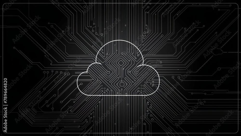 © SKIMP Art - graphics of cloud made from circuit board graphic logo on black background, in the style of white lines only Generative AI