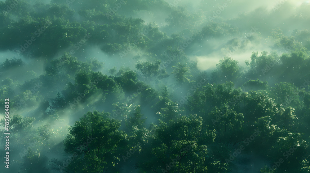 A vast forest stretching across the land. with most of its depth shrouded in mist and only the outer trees visible. The hidden part is depicted as dense foliage