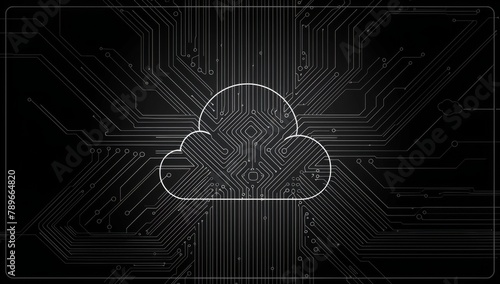 graphics of cloud made from circuit board graphic logo on black background, in the style of white lines only Generative AI photo