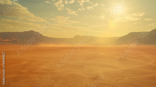 A vast desert under the midday sun with shimmering mirages in the distance. minimalistic photo
