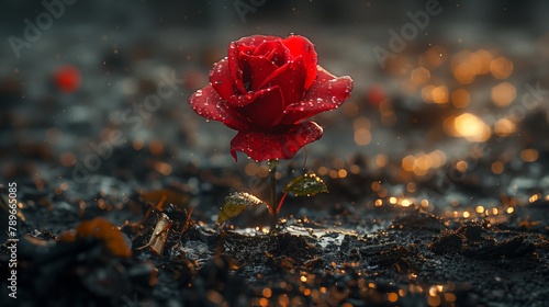 A beautiful red rose with water droplets, a flowering plant growing in the soil photo