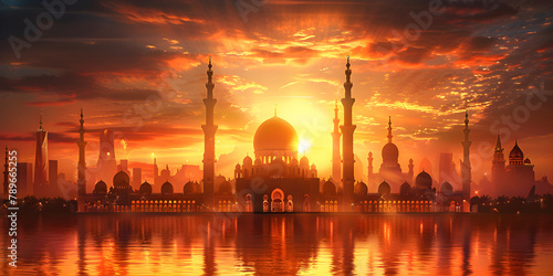 Illustration of a beautiful shiny mosque and Ramadan Islamic culture icon with beautiful sunlight in the background. photo