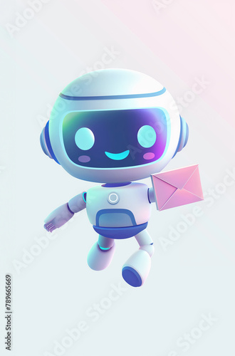 Cute robot holding envelope icon, UI design. Cartoon character, minimalist style.