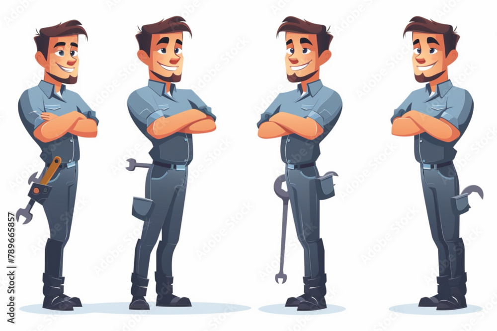 Man auto mechanic in front of a car service or auto repair shop. Character of a smiling guy with a wrench. Vector illustration 3D avatars set vector icon, white background, black colour icon