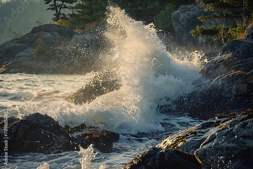 : A burst of spray as a wave hits a rocky coastline.