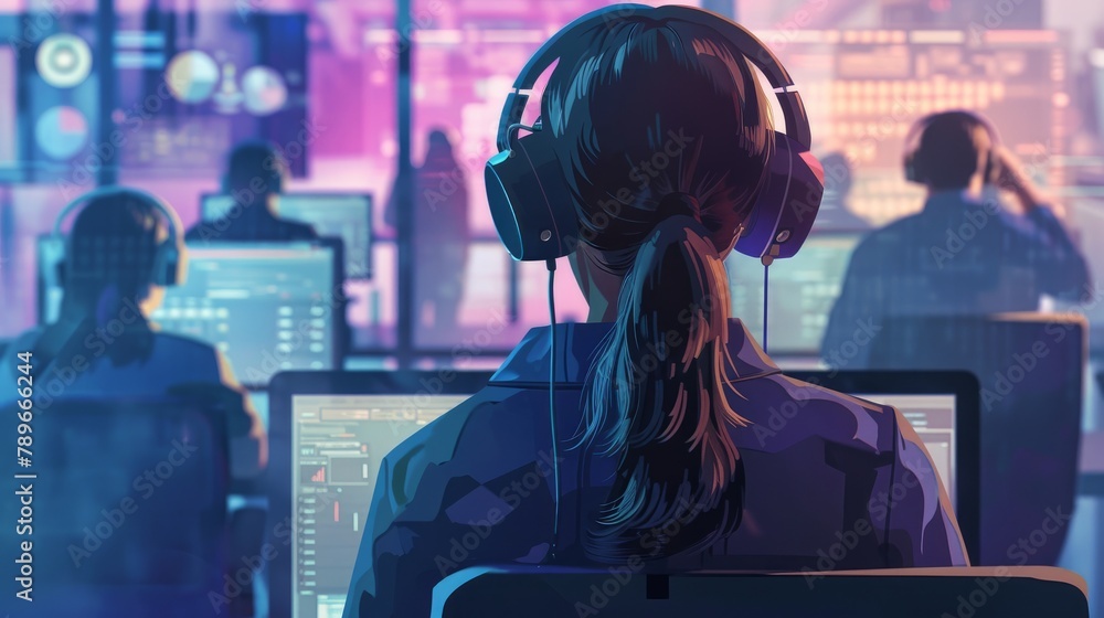 Female working in a Technical Support Team Gives Instructions with the Help of the Headsets. In the Background People Working and Monitors Show Various Information Female working in a Technical Support Team Gives Instructions with the Help of the Headsets. In the Background People Working and Monitors Show Various Information