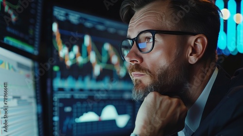 Focused business man trader analyst looking at computer monitor, investor broker analyzing indexes  photo