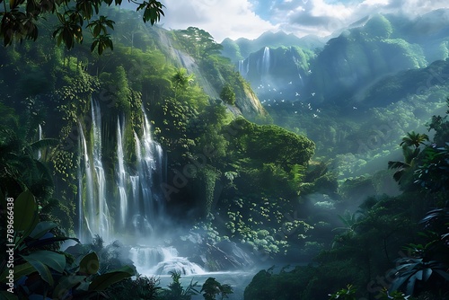 : A cascading waterfall hidden within a lush rainforest. © crescent