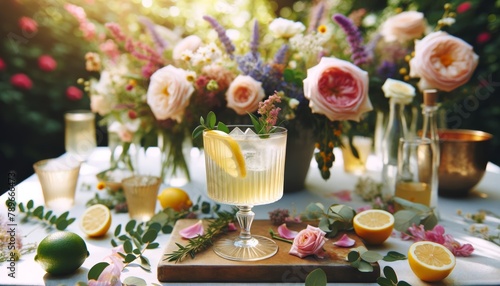 French 75 served at a garden party, surrounded by flowers, focus on the drink with natural light.. AI generated.