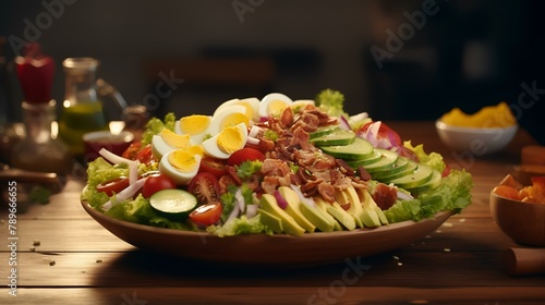 Fresh salad with tomatoes, cucumbers, avocado, chicken breast, quail eggs and mayonnaise