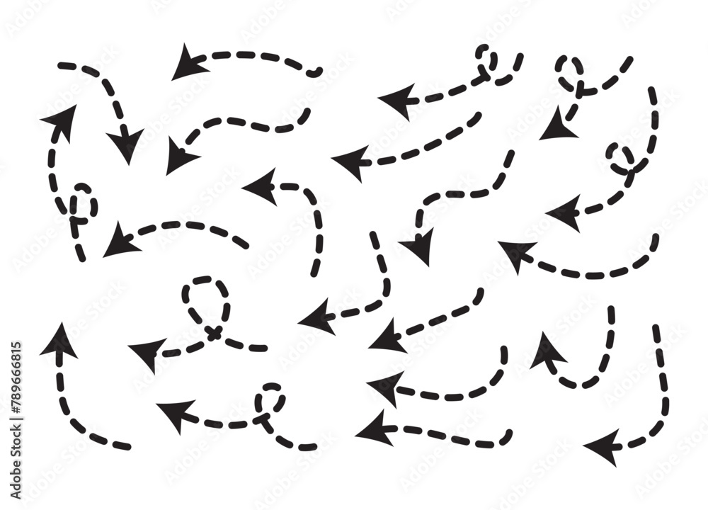 Arrows set, hand drawn doodle direction twist indicators, pointers and scroll elements. Collection of swirly various dynamics shapes. Isolated on white background. Vector illustration eps 10.