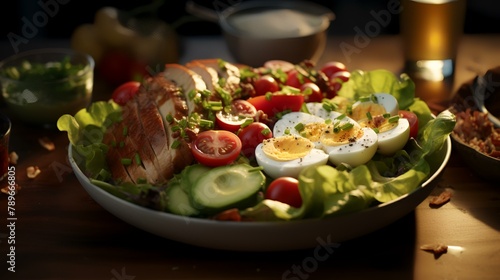 Fresh salad with tomatoes, cucumbers, avocado, chicken breast, quail eggs and mayonnaise