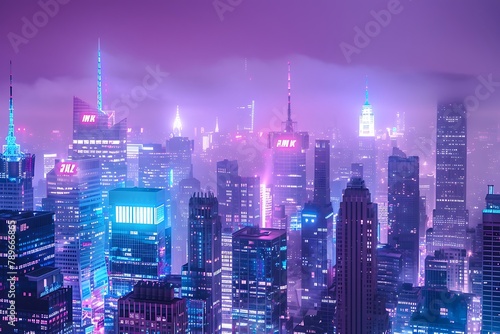   A cityscape at night with skyscrapers illuminated by neon lights.