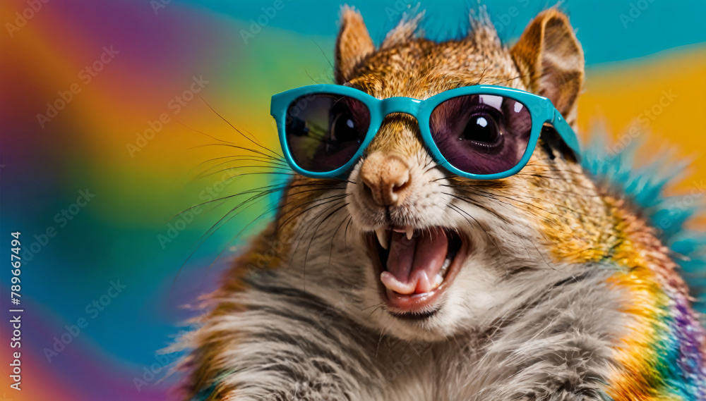Cute colorful squirrel with sunglasses. Advertising, banner, discount, party. Screaming rodent, furry animal.